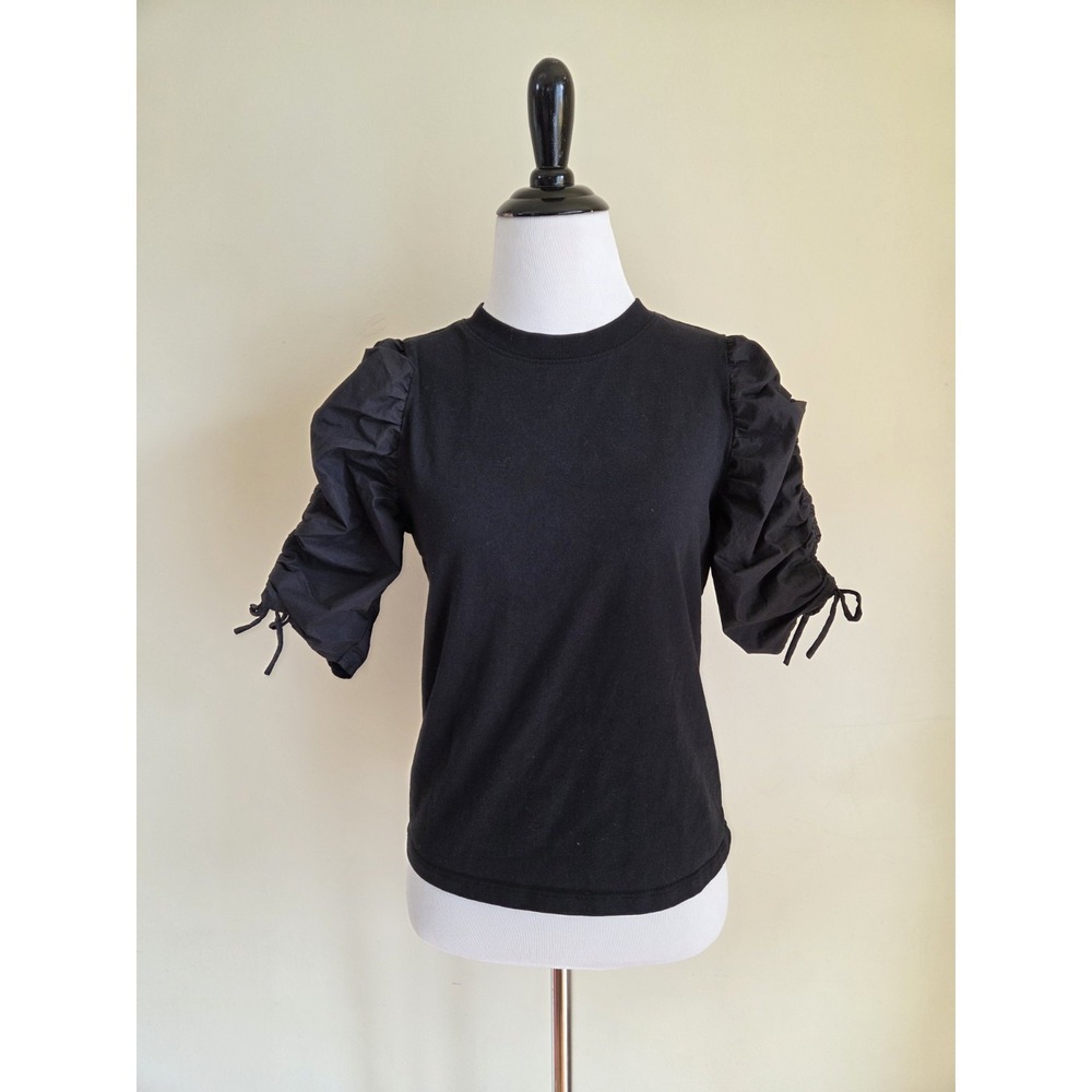 Frame Ruched Sleeve 100% Cotton T-Shirt Black XS-S